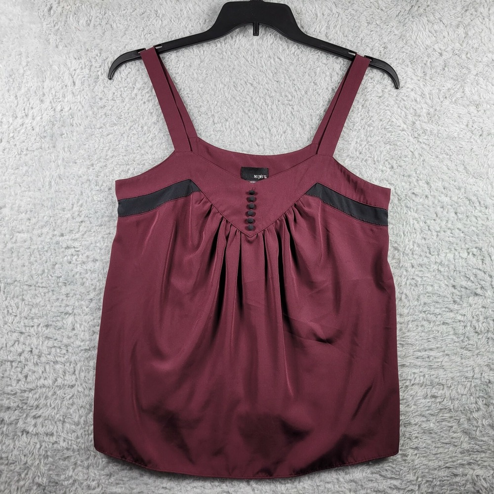 Mixit Sleeveless Cami Tank Top Womens Medium Burgundy Pleated Mesh Trim